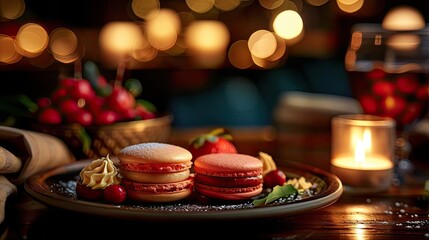 Elegant plate of assorted macarons with bokeh background, candlelight, and fresh cherries, creating a cozy and inviting atmosphere.