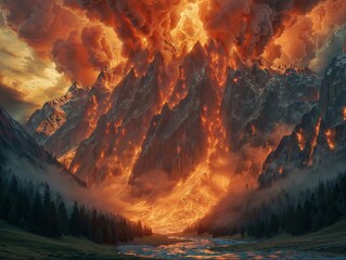 Fototapeta premium Dramatic Eruption of Volcanic Mountain with Fiery Lava and Thick Smoke