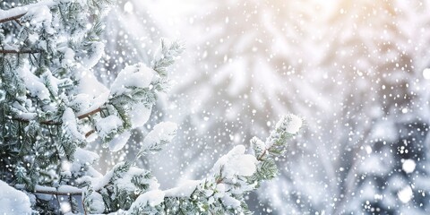 Snowy mountain forest, close-up on heavy snow weighing down evergreen branches, serene winter scene.