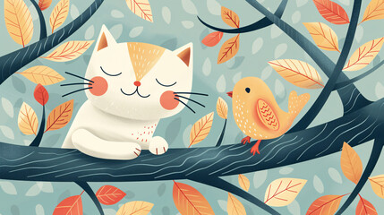 Cartoon design of a cat and bird in a tree, perfect for nursery decor