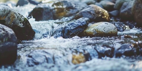 Close view of a rocky mountain stream, details of water rushing over stones, soft focus background.
