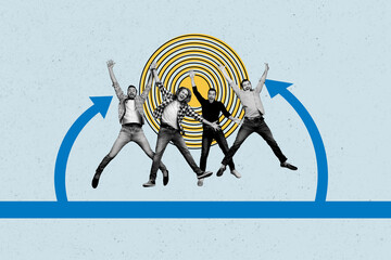 Creative image collage young group people man jump teamwork achieve success startup task done...