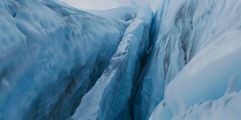 Close-up of a crevasse in mountain glacier, deep blue ice visible, stark contrast, overcast light. 