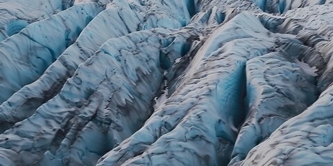 Mountain glacier with visible ice flows, close-up on patterns and cracks, muted twilight hues. 