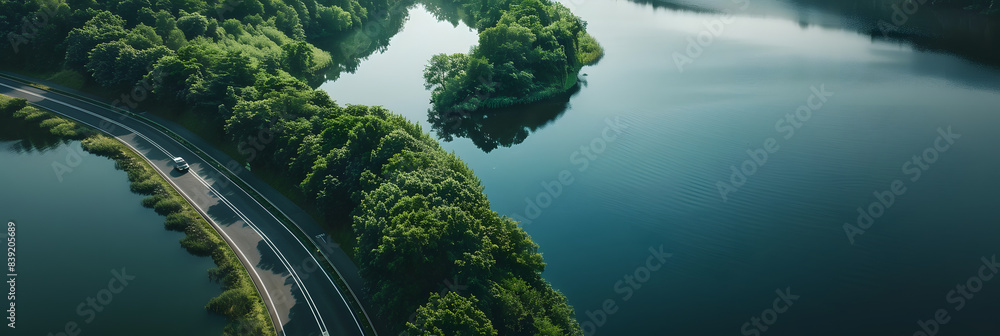 Wall mural aerial drone view of car and truck driving on highway road, captured from a top perspective