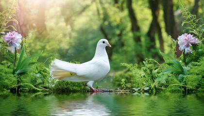 Enchanted Waters: Pigeon's Green Forest Oasis"
"Floral Haven: Pigeon's Serene Waterside Forest"