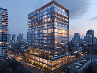 Aerial view of a corporate office building at dusk, illuminated windows, city skyline in the...