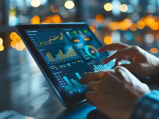 Businessman analyzing financial data on a tablet, graphs and charts visible, professional and detailed setting