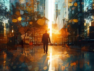 Businessman walking through a bustling city with skyscrapers, purposeful stride, morning sunlight reflecting off glass buildings, urban energy