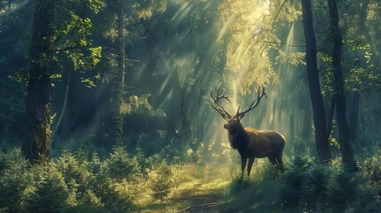 Fototapeta premium majestic stag in enchanted forest sunbeams filtering through trees digital painting