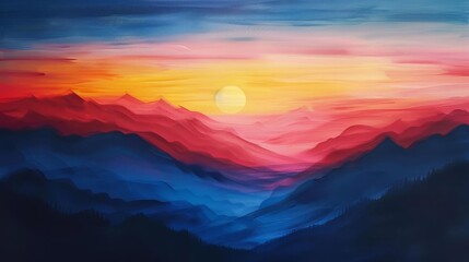 Obraz premium majestic sunset painting with sun setting behind silhouette of mountain range nature landscape