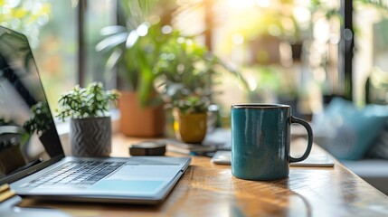 Close-up of a desk with productivity tools, planner, laptop, coffee mug, organized and efficient workspace, modern design