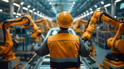 An automation engineer in a safety vest and helmet oversees a lineup of robotic arms in a high-tech industrial factory setting.