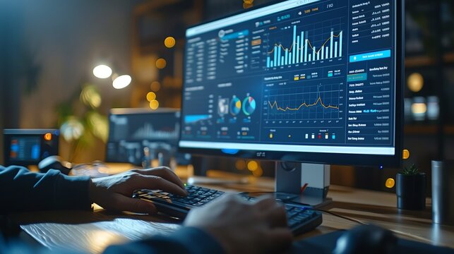 Close-up of a digital marketing dashboard on a computer screen, analytics and metrics, hand typing on the keyboard, focused workspace