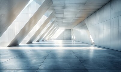 Abstract light and shadows play inside a modern concrete architectural structure with a minimalist aesthetic and reflective surfaces.