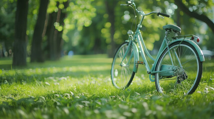 A bicycle is parked in the grass at a green park on World Car Free Day, poster