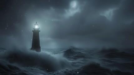 A lighthouse stands tall and proud in the middle of a raging storm. The waves crash against the shore, but the lighthouse remains steadfast.