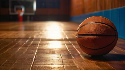 Naklejka premium Close-up of textured basketball on glossy wooden floor with indoor hoop in warm glow.
