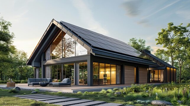 modern ecofriendly suburban house with photovoltaic solar panels on gable roof sustainable architecture 3d rendering