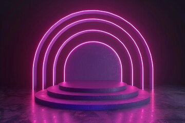Obraz premium Futuristic neon archway podium with vibrant pink lighting, creating a striking visual backdrop for modern product displays and creative presentations