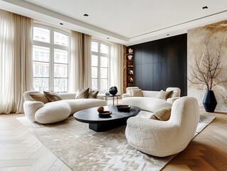 Curved sofas and armchair in room with black wooden paneling wall. Minimalist interior design of modern living room.