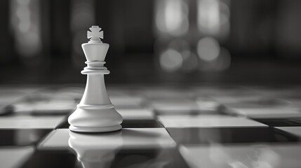 3D rendering of a white chess king on a chessboard. The focus is on the king. The background is blurred.