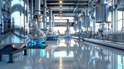 serene chemical engineering lab with distillation columns and reaction vessels 3d illustration