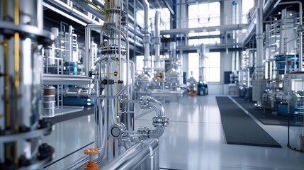 serene chemical engineering lab with distillation columns and reaction vessels 3d illustration
