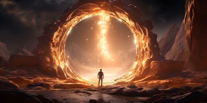 Alien astronaut enters portal on alien planet illuminated by light. Concept Sci-Fi, Alien, Astronaut, Portal, Light