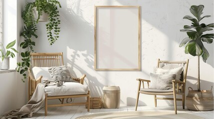 serene interior haven vertical wooden frame mockup in cozy home setting poster display concept