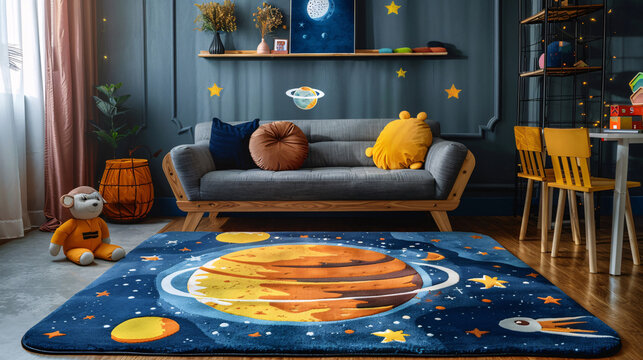 Decorative rug with a colorful space illustration for a childâ€™s study area