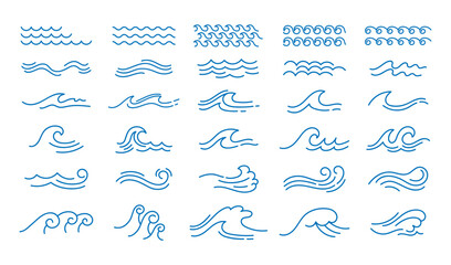 Line water wave. Marine flowing waves icons. Decorative outline curly and swirly river liquid. Zigzag horizontal sea and ocean water elements isolated on white background vector set