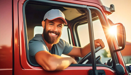 Portrait of a happy smiling male truck driver inside his red cargo truck looking at camera with his blue baseball cap. Generative Ai.
