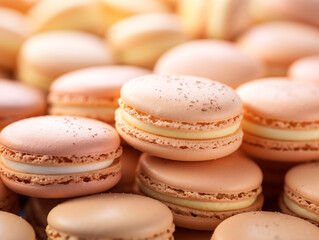 Obraz premium Luxury elegant beige macaroons in the box. Sweet bar and candy chop. Modern delicious cookie with almond and cheese. Closeup photo generated by Ai technology.