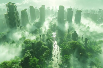 Imagine a utopian cityscape viewed from above