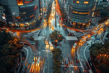 Aerial view of a busy intersection in Tokyo, Japan at night.