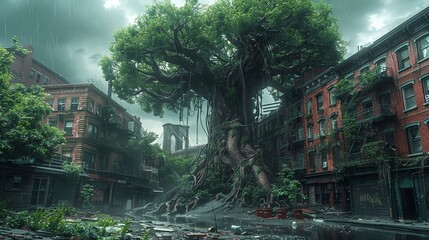 A giant tree has grown through the ruins of a city, with overgrown vines and foliage. A sense of nature reclaiming what was once urban.