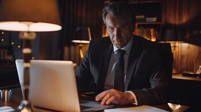 The promise of a mature adult business executive on his desk. Uses his laptop with a content and busy attitude. Example of a professional middle aged CEO or management with a hard working.