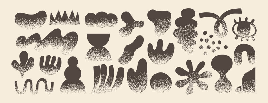 Doodle abstract shapes. Naive elements with noisy texture. Hand drawn nature creative figure, grunge brushes. Black geometry silhouette. Trendy quirky graphic shape. Vector set