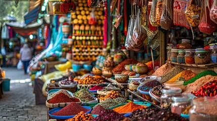  vibrant market scene with vendors selling spices, textiles, and local goods.