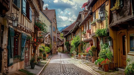 Fototapeta premium . A charming village scene with cobblestone streets, historic buildings, and quaint shops. 