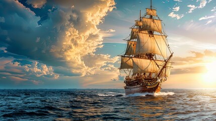  An illustration of an adventurous pirate ship on the high seas. 