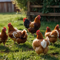 Hens feeding outside on the grass yard. Free range organic chickens poultry in a country farm.