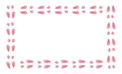 Footprints rabbit trace frame. Bunny path. Cute hare imprints, animal foot prints. Bunnies paws. Child Easter hunter. Fluffy pet pink prints for holiday design. Vector illustration