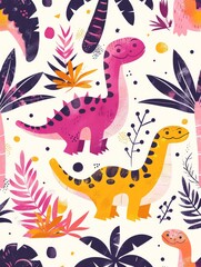Colorful cartoon dinosaurs with plants in whimsical style, perfect for kids' illustrations, wallpapers, and educational materials.