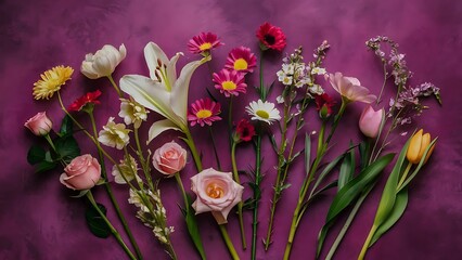 Flat lay composition with different beautiful flowers on violet background