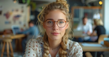 Young Woman With Blonde Braids Wearing Glasses in an Office Setting