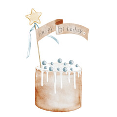 Birthday cake watercolor. Vintage illustration hand drawing of a holiday pie with a birthday sign and topper star. Clip art isolated on white background sweet pastries. Ideal for designing baby shower