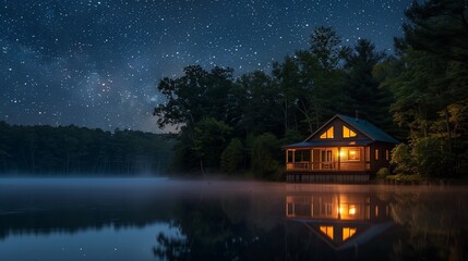 Fototapeta premium AI generated illustration of a wooden cabin at a lake at night