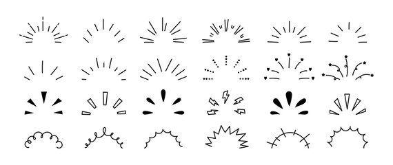 Doodle rays and sparkles. Sunlight sparks, explosion. Hand drawn line confetti, surprise elements, shining curves frames. Celebration ornaments decor vector signs